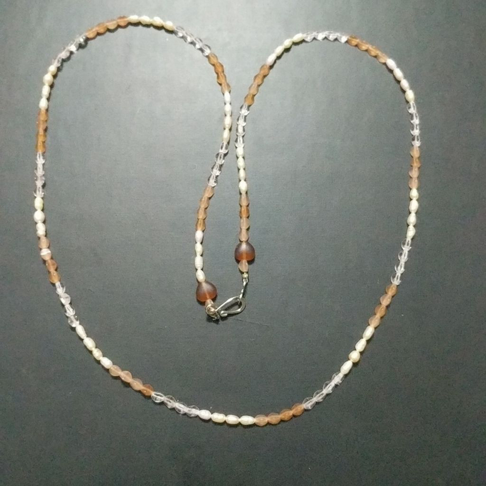 White Rice Pearls Peach and Clear Beaded Dainty Delicate Statement Necklace